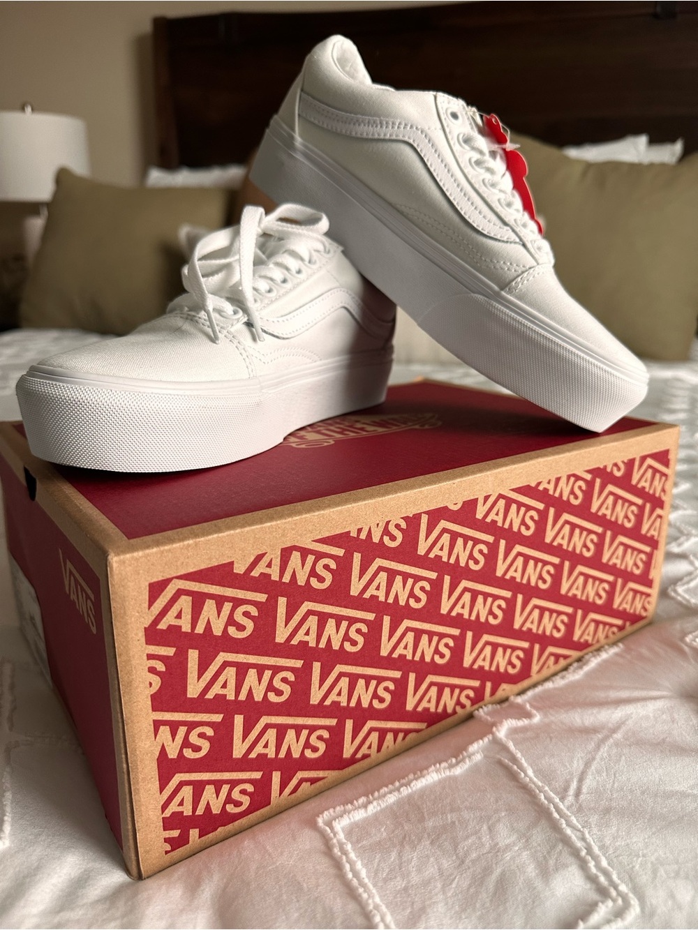 Vans White Platform Old Skool with Red Lace Accent